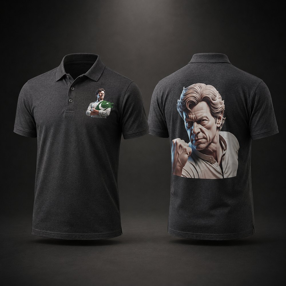 IK Texas premium polo shirt featuring Imran Khan — front chest logo and full back print