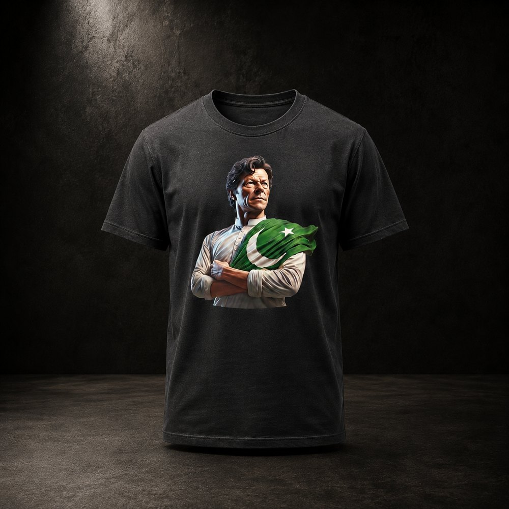 IK Texas black T-shirt with front print of Imran Khan holding the Pakistan flag